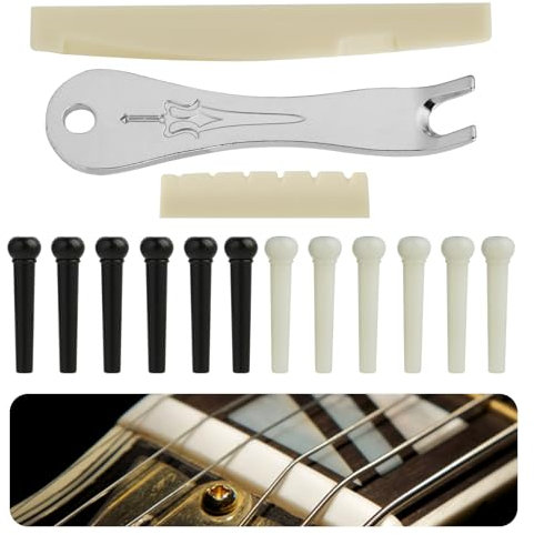 Annlpoy 12 Stück Gitarre Pins Brücke Kunststoff Gitarre Bridge und 2 Gitarrensattel mit Brückenpin-Entferner, Werkzeugset für Akustikgitarren, Hochwertiges Zubehör für Gitarrenreparatur und Wartung