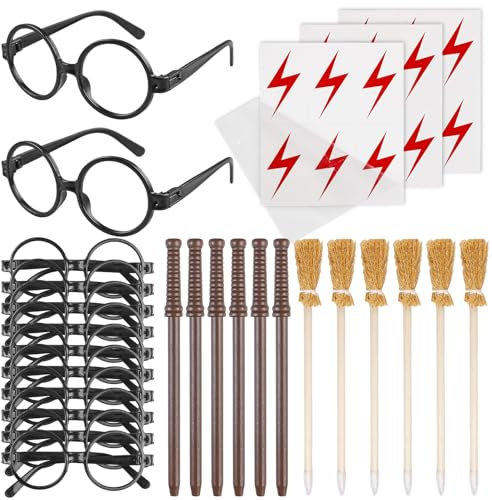 GBKDQQ Lot de 42 accessoires de fête magiciens : 6 crayons à baguette magique + 6 balais de sorcière + 12 cadres ronds sans verres + 18 tatouages à la foudre, convient pour les fêtes à thème magique