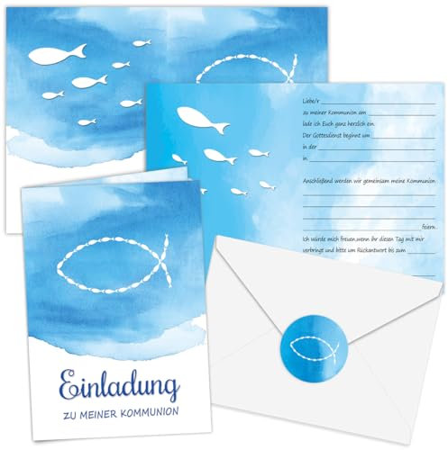 10x Kommunion Einladungskarten Konfirmation mit Umschlägen+Aufklebern Fische Klappkarten zum Ausfüllen für Jungen und Mädchen zur Erstkommunion