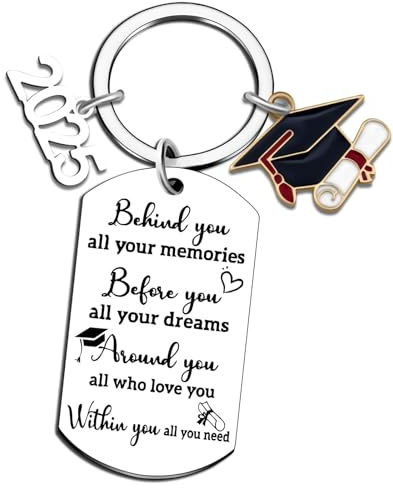 ALUNME 2025 Graduation Keychain, Inspirational Message Tag with Graduation Cap Charm, Stainless Steel (Mortarboard Silver)