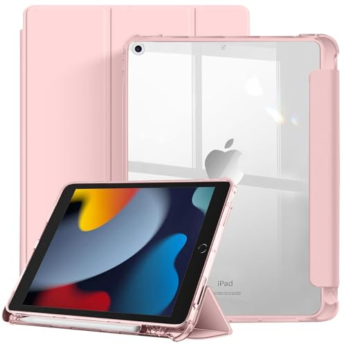 EspZanthic Custodia per iPad 9/8/7 10,2 Pollici (9a/8a/7a Generazione, 2021/2020/2019) con Portapenne, Retro Traslucido Smerigliato, Cover Protettiva per Tablet (Rosa)