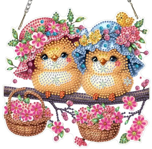 MXJSUA Diamond Painting Anhänger mit Kette Erwachsene, Diamant Painting Fensterbilder Hängende Ornament Bastelset Set für Wand Und Eingang Decor 20x20CM （Blumen Vögel）