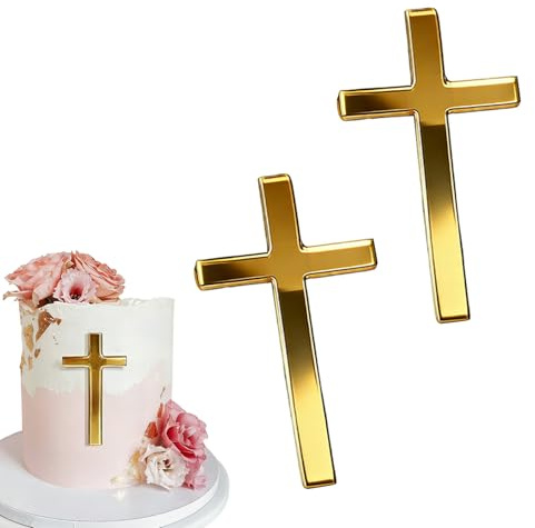 2 Stück Cake Topper Kommunion Tortendeko Kreuz Gold Cake Topper | Taufe Tortendeko Tortenaufleger Kommunion Deko Torte Acryl Kreuz Kuchen Deko für Kommunionfeier Taufe Konfirmation Hochzeit