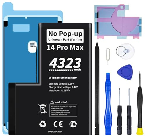No Unknown Part Warning for iPhone 14 Pro Max Diagnostic Battery, Truthfully Rated 4323mAh Capacity Rechargeable Battery Replacement for iPhone 14 Pro Max with Full Tool Kit