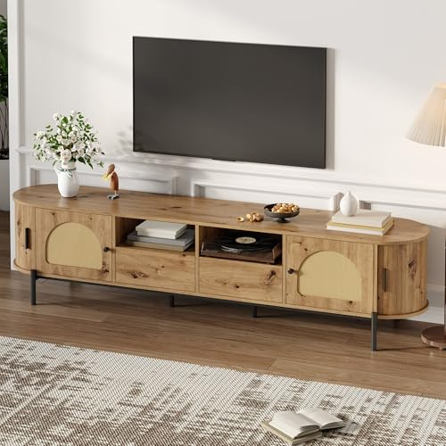 RAPRAP Ovaler TV Schrank Holz Mit Rattan Türen Und Schiebetüren - 200cm TV Lowboard Stehend Als Fernsehschrank, TV Board Oder TV Kommode Mit Kabelmanagement,200cm b