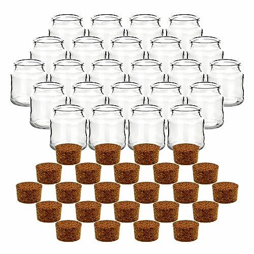 gouveo 24er Set Gewürzgläser 200 ml Rondo mit Presskorken - Leere Korkengläser zum Befüllen - Runde Vorratsgläser mit Korken für Kräuter, Gewürze, Kosmetik