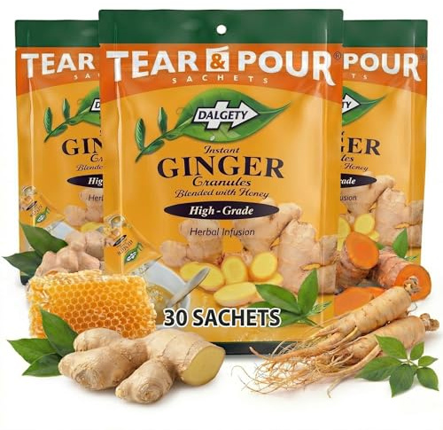 Dalgety Instant Ginger Tea Bags – Ginger & Honey Sachets, 90 Tear & Pour | Dissolves Instantly, Nausea Relief, Immune Support, Caffeine Free, 100% Natural, Hot or Cold, Vegan