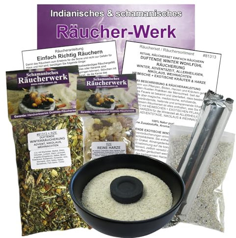 RÄUCHERWERK 7-TLG Räucherset DUFTENDE Winter Advent WOHLFÜHL RÄUCHERUNG. HEIMISCHE & EXOTISCHE KRÄUTER + HARZE für Nikolaus, Weihnachten. 2 x Räuchermischungen + ZUBEHÖR + Anleitung. 81313-S