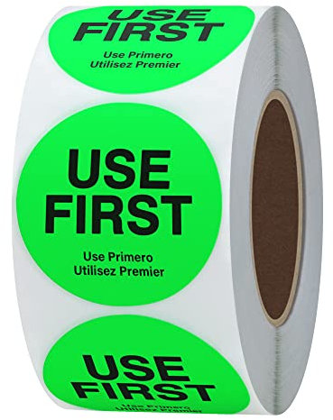 HYBSK Fluoreszenz ''USE First'' Etiketten Use Primero Aufkleber, selbstklebend, dreischsprachig, ablösbar, 3,8 cm, 500 Etiketten pro Rolle, fluoreszierendes Grün