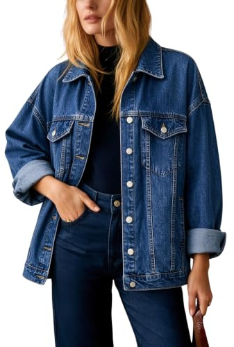 Omoone Damen Oversized Jeansjacke Button Down Baumwolle Mid Long Biker Mantel mit Taschen