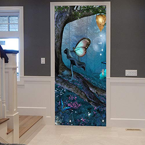 A.Monamour Sticker Porte Autocollant Poster de Porte 3D Vieil Arbre Fée Papillon Mystérieuse Forêt Bleue Thème De Halloween Vinyle Affiche de Porte Sticker Mural Papier Peint Art Décor 83 x 204 cm