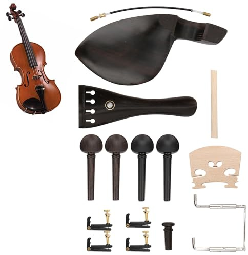 Agatige 4/4 Violin Ebenholz Zubehör, 15 Stück Kit beinhaltet Kinnhalter ohne Loch Saitenhalter 4 Stimmwirbel ohne Loch Endstift Saitenhalter 4 Stimmgerät Stimmstock Steg Schraube für Kinnhalter