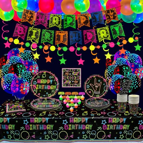 Glow Neon Partyzubehör - Neonballon, Glow in the Dark Happy Birthday Banner, hängende Wirbel, Kuchendeckel, Tischdecke, Teller, Servietten, Tasse für Schwarzlicht-Partydekorationen, für 20 Gäste