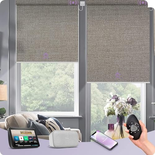 Graywind Customized Smart Roller Blinds Blackout, Textured Fabric Electric Windows Blinds Compatible with Alexa Google, Wifi Hardwired Motorised Roller Shades with Remote, Grey Brown
