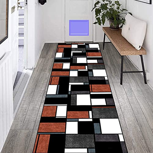 Teppich Läufer Flur rutschfest 90×200cm Waschbar Teppich, Orange Schwarz Karierter Geometrischer Küchenteppich, Point Teppichboden mit Kunststoffrücken Läufer für Flure Küche Wohnzimmer