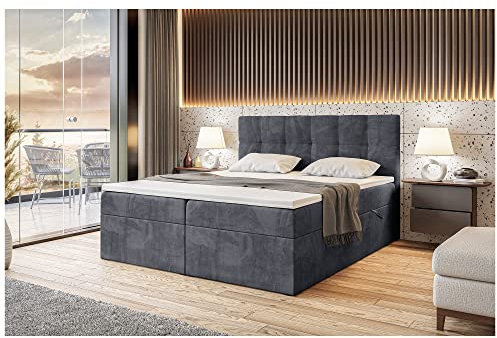 MEBLINI Boxspringbett mit Bettkasten - Gepolstert Doppelbett mit Matratze und Topper - Polsterbett mit Stauraum - Bett mit Kopfteil - Stauraumbett - RACO - 180x200 - H3/Dunkelgrau Samt