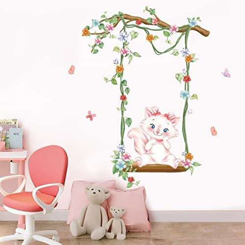 wondever Wandtattoo Katze Kinderzimmer Wandaufkleber Mädchen Katze Blumen Ast Wandsticker Wanddeko für Mädchenzimmer Babyzimmer Schlafzimmer