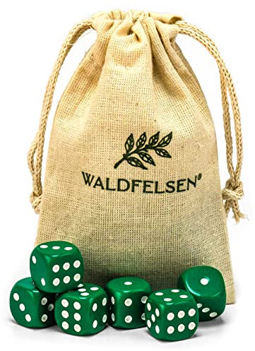 Waldfelsen 6, 12, 20, 30 oder 50 hochqualitative Würfel Standardgröße 16 mm Acrylwürfel Knobel Spielwürfel Dice 6-seitig sechsseitig Spielzubehör Set mit Stoffbeutel (Grün, 6 Stück)