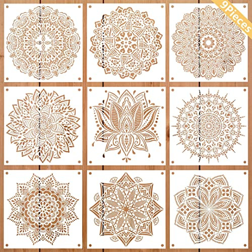 Zayookey 9 Pièces Grandes Mandala Pochoir Réutilisable Pochoirs de Peinture, Plastique Mandala Stencils Pochoir pour Planchers, Fenêtres, Meubles, Wall, Scrapbooking Décoration 30x30CM (Blanc)