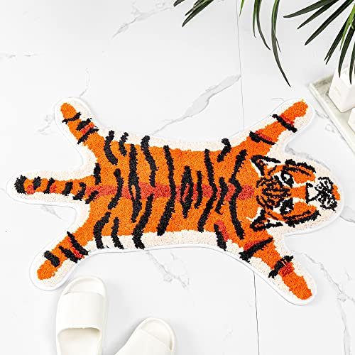 Lustige Tiger-Badematte für Badezimmer, niedlicher orangefarbener Tiger, Cartoon-Badezimmerteppich, rutschfest, Tierform, saugfähig, adret, kleiner Badewannenteppich, Duschteppich, maschinenwaschbar