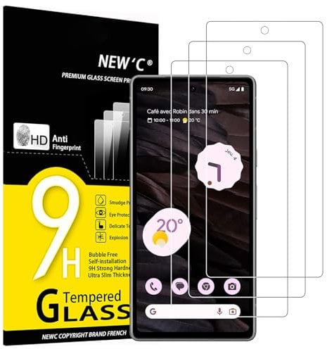 NEW'C 3 Piezas, Protector Pantalla para Google Pixel 7a, Cristal templado, Sin Burbujas, Dureza 9H, 0.33 mm Ultra Transparente, Ultra Resistente