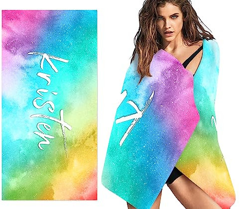 SearchI Personalisiertes Strandtuch mit Namen,Mikrofaser Badetuch Leicht und Schnelltrocknend für Reise, Strand, Sauna,Personalisiert Decke Geschenke für Kinder Erwachsene(Regenbogenverlauf,76x162cm)