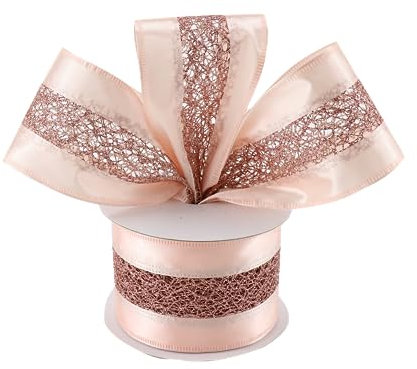DINDOSAL Rose Gold Christmas Ribbon - 2.5 x 10 Yard Satin Ribbon with Glitter Mesh Pink Wired Ribbon for Tree Toppers, Wreaths, Crafts, Home Decor, Gift Wrapping