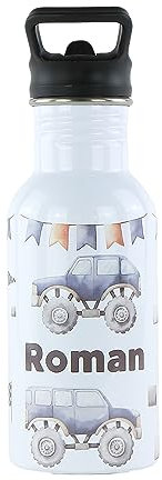 cribstar Personalised Kids Water Bottle - Stainless Steel - BPA Free - Leak Proof - Perfect for School, Sports, Holidays, Travel or anywhere. (Monster Trucks)