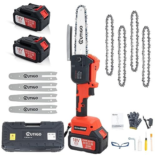 OUTIGO Tronçonneuse à batterie,Tronçonneuse, Tronçonneuse 6 pouces, Tronçonneuse 6000mAh, MINI Tronçonneuse électrique sans fil, 4 chaînes+4 barres de guidage de chaîne, Tronçonneus