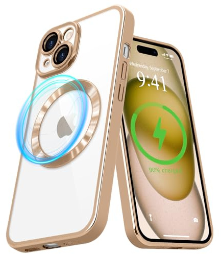 Pepmune Magnetic Case for iPhone 15 Compatible with MagSafe Wireless Charging and Camera Lens Protector,Clear Plating Bumper Protective Phone Case-Gold