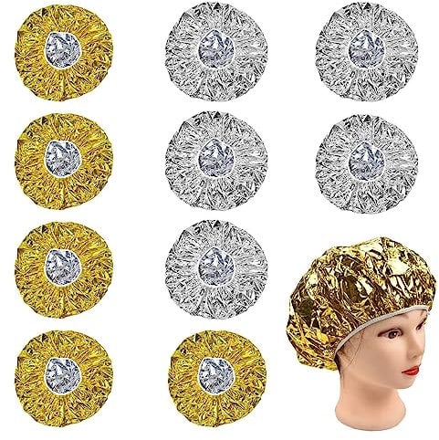 10Pcs Foil Cap Hair Deep Conditioning Salon Spa Cap Heat Shower Cap Elastic Hair Coloring Cap Aluminum Foil Cap for Adults (Gold Silver)