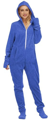 YuanDiann Pyjama Grenouillère à Pieds pour Femme Doux Chaud Flanelle Double Face à Capuche Une Pièce Vêtements de Nuit Cnfortable Combinaison Pyjama Integral Bleu S