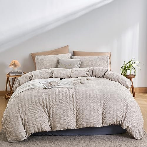 DuShow King Size Duvet Cover Set - Beige, Textured Seersucker Duvet Cover with 2 Pillowcases, Soft Breathable Bedding Set With Zipper - 220×230cm