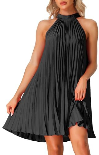 Allegra K Damen Neckholder Kleid Ärmellos Lässiges Sommer Einfarbig Flowy Plissee Strandkleid Schwarz M