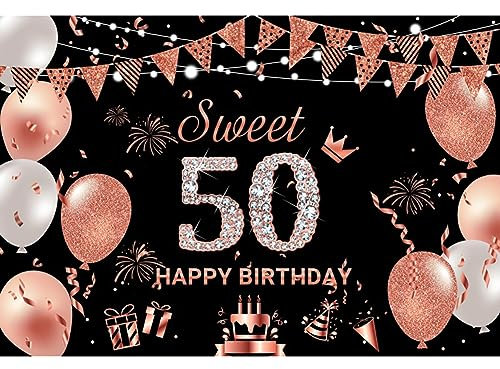 Ttincceer Happy Birthday Hintergrund 220x150cm 50. Geburtstag Rose Gold Weiß Ballon Fotografie Hintergrund Abstrakte Krone Feuerwerk Kuchen Fotografie Hintergrund Lady Frauen Geburtstag Banner