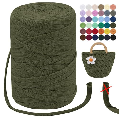 LEREATI T-Shirt Garn 7mm Zum Häkeln für Körbe 100m / 250g Bändchengarn Makramee Häkelgarn Stoff Dickes Textilgarn für Taschen Korb Decke, Heimdekoration (Armeegrün)