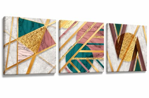 Lupia - Set 3 Quadri su Tela astratto verde, rosa e oro Canvas Day 38x38 cm GEOMETRIES 1, Stampa Vivida, Pronto da Appendere, per Soggiorno Capezzale Camera da Letto Cucina, Ufficio