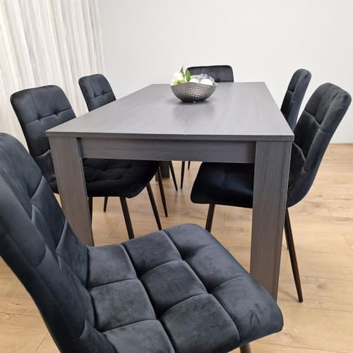 KOSY KOALA Dining Table and 6 Chairs Black Dark Grey 6 Black Velvet Chairs Wood Dining Set Furniture