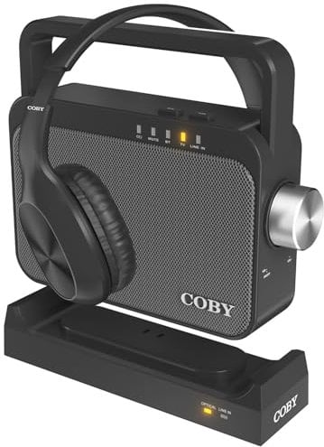 Coby Amplificador auditivo inalámbrico y altavoz de audio para TV, dispositivo de escucha de TV Bluetooth portátil para personas mayores y discapacitados auditivos, alcance de 100 pies, reproducción