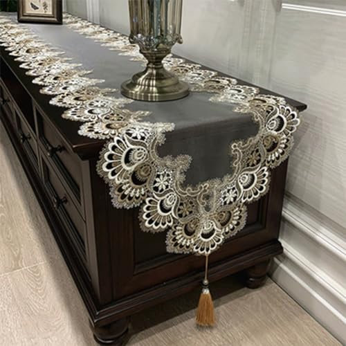Ovaler Spitzen-Tischläufer, weiß, Vintage, bestickte Spitze, Tischdecke, Schrank, Tischdecke, Blumenmuster, Kaffee-Frisier-Tischläufer für Hochzeitsbankett, TV-Schrank (40 x 180 cm B)