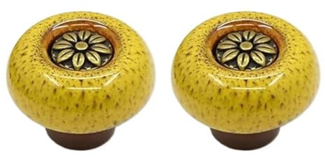 HDJNal Lot de 2 boutons en céramique – Boutons de porte d'armoire de cuisine de forme ronde vintage pour meubles et tiroirs – Vintage shabby chic (32 mm de diamètre, bronze-jaune)