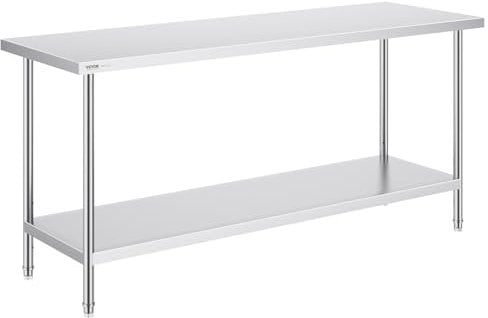 VEVOR Stainless Steel Prep Table, 24 x 72 x 34 Inch, Heavy Duty Metal Worktable with 3 Adjustable Height Levels, Commercial Workstation for Kitchen Garage Restaurant Backyard