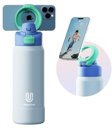 Magcheer Trinkflasche mit Magsafe 1L Wasserflasche mit Handyhalterung Magnet Flasche Hält 24 Stunden kalt Akuumisolierte Auslaufsichere Water Bottle für Sport Fitness(Blau)