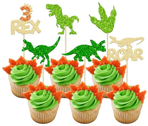 Gyufise 24Pcs Dinosaurier Cupcake Toppers Gold Glitter 3 Rex Brüllen Dinosaurier Cupcake Picks drei Jahre alt Dino Thema Baby Dusche dritten Geburtstag Party Kuchen Dekorationen Zubehör