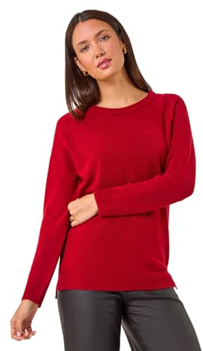 Roman Originals Soft Jumper for Women UK Ladies Winter Autumn Sweater Knit Knitwear Round Crew Neck Top Plain Lightweight Comfy Long Sleeve Split Hem Everyday Daywear - Red - Size 16
