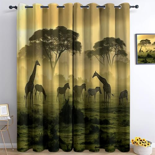 Blickdichte Gardinen Verdunkelungsvorhang Ösenvorhang 3D Gedruckt Grün Braunes Polyester Geräuschreduzierung Natur Tiere Giraffe Vorhang für Zimmer Büro Schlafzimmer H 160 x B 70 cm