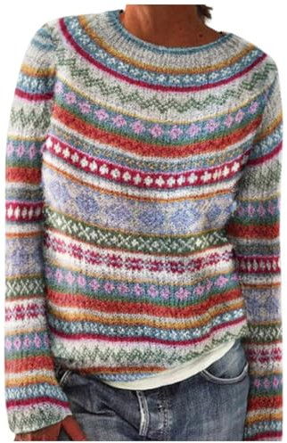 Norweger Pullover Damen Wolle, Winterpullover Damen Warm Elegant Winter Kaschmir Pullover Große Größen Sweatshirt mit Aufdruck Rundhals Bequem Wollpullover Langarm Strickpullover Casual Wollpulli