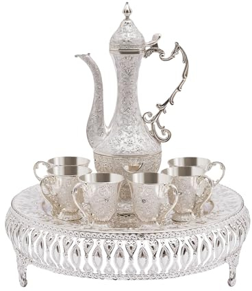 Garbenat Set di tazze da caffè turche vintage, teiera marocchina, con 6 tazze, set di bicchieri da tè reali, in metallo, per feste di casa, decorazione per la casa (argento)
