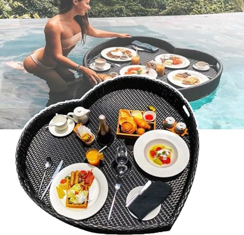 HEGGMKK Schwimmendes Tablett Für Den Swimmingpool (60/80 cm), Herzförmiges Schwimmendes Tablett Für Strandpartys, FE-Rattan + Manuelles Weben, Zum Servieren Von Getränken, Speisen,60cm,Black