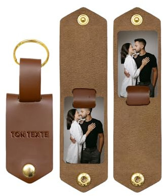 Porte Clé En Cuir Personnalisé avec Texte Gravé et Deux Photos Sublimées
